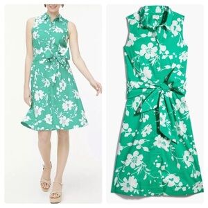 J. Crew Green and White Sleeveless Tie Waist Shirtdress